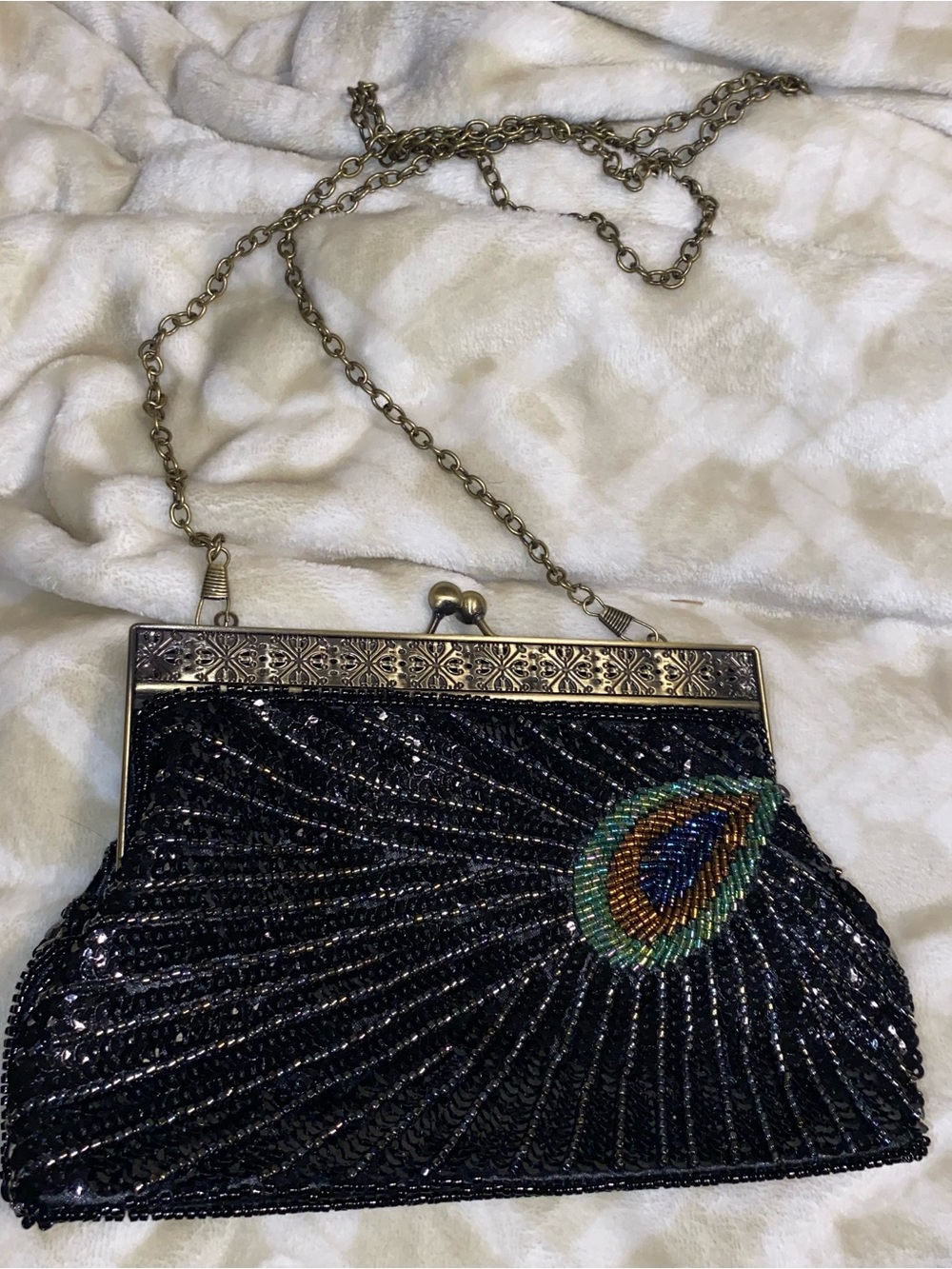Beaded Peacock Accent Evening Clutch - Black